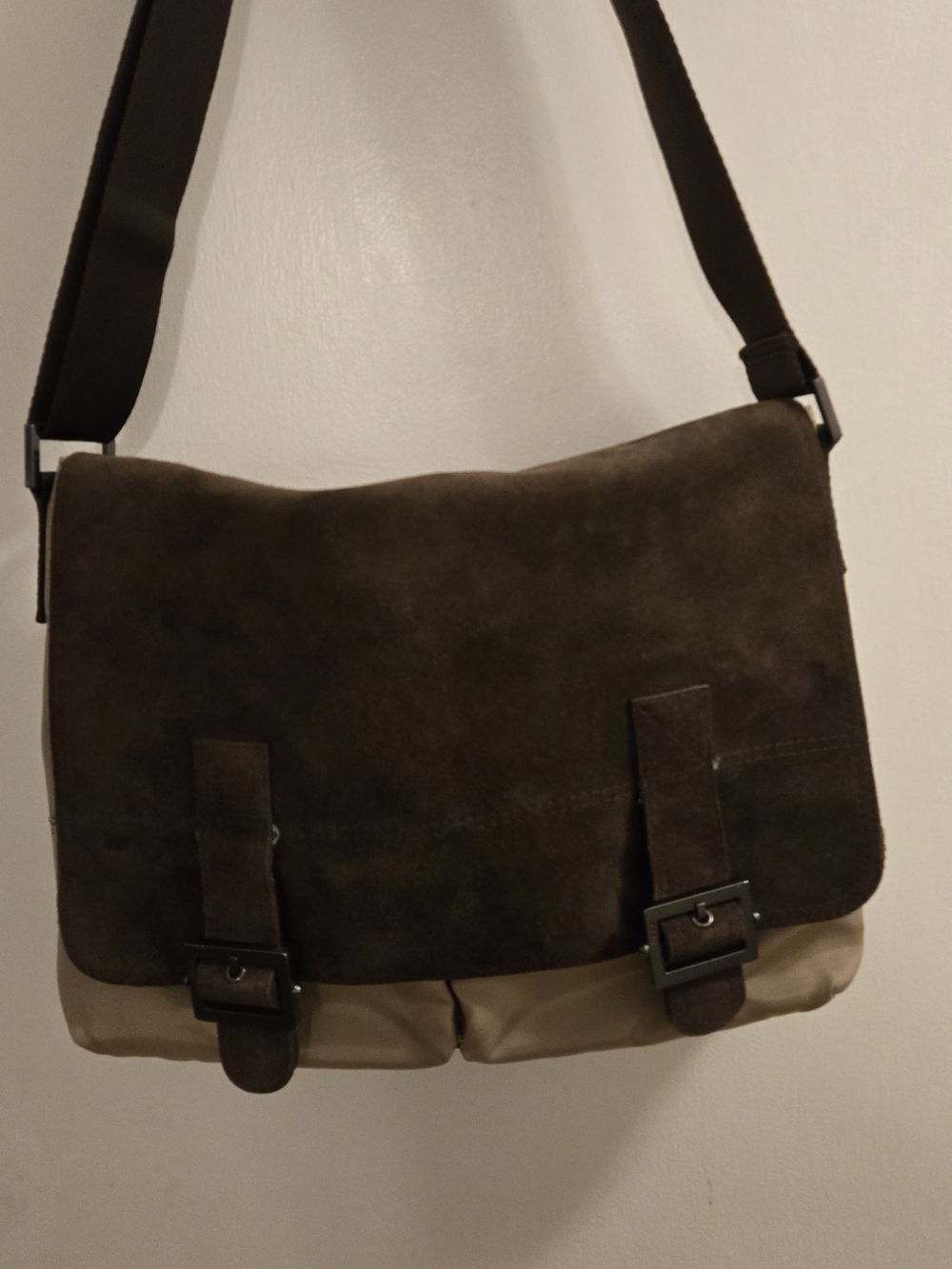 Mexx Unisex Suede Messenger Bag in Dark Brown and Tan